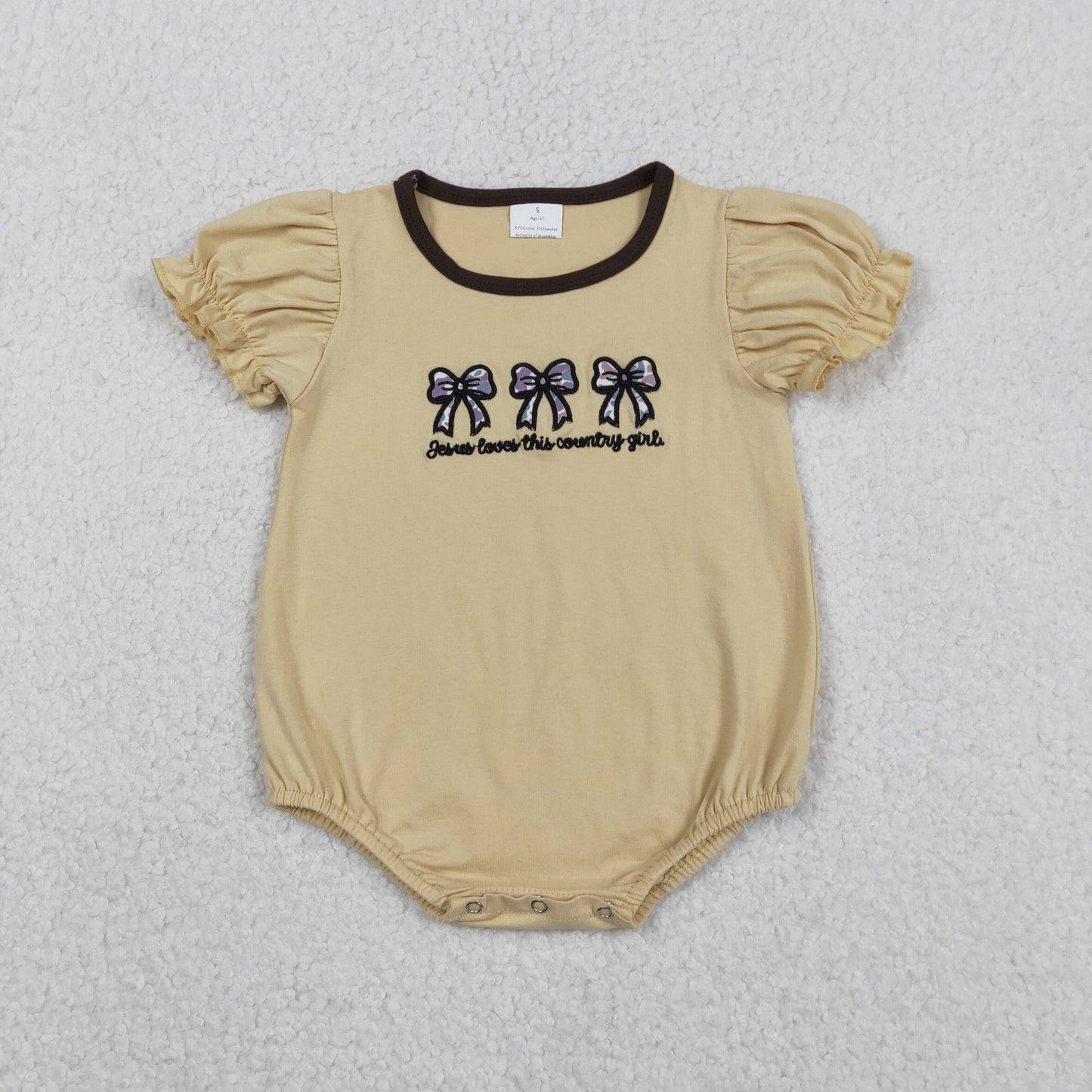 SR3281 Embroidered Camouflage Bows Yellow Brown Short-Sleeved Girls Bubble Romper 202511 RTS