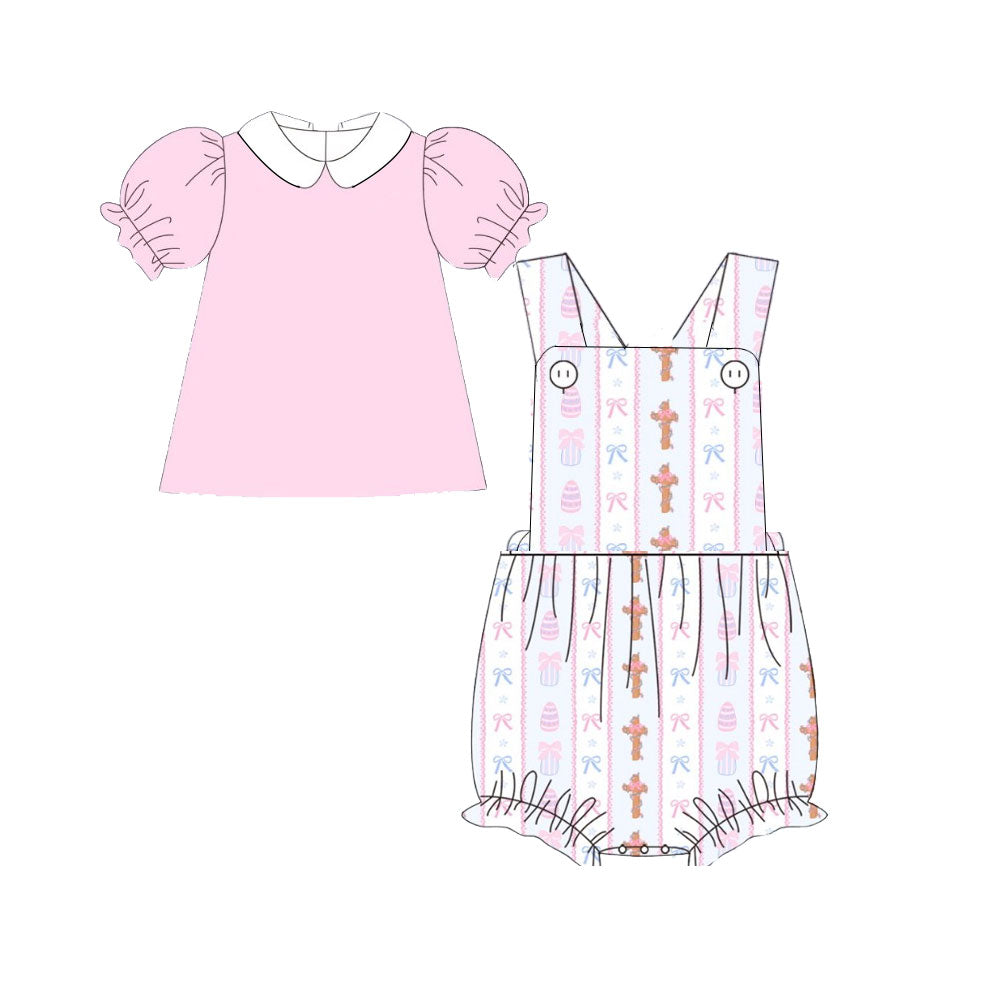 MOQ 8 Preorder SR3282 Easter Cross Bows Stripe Pink Sleeveless with Doll Collar Shirts Baby Girls Outfits 202510