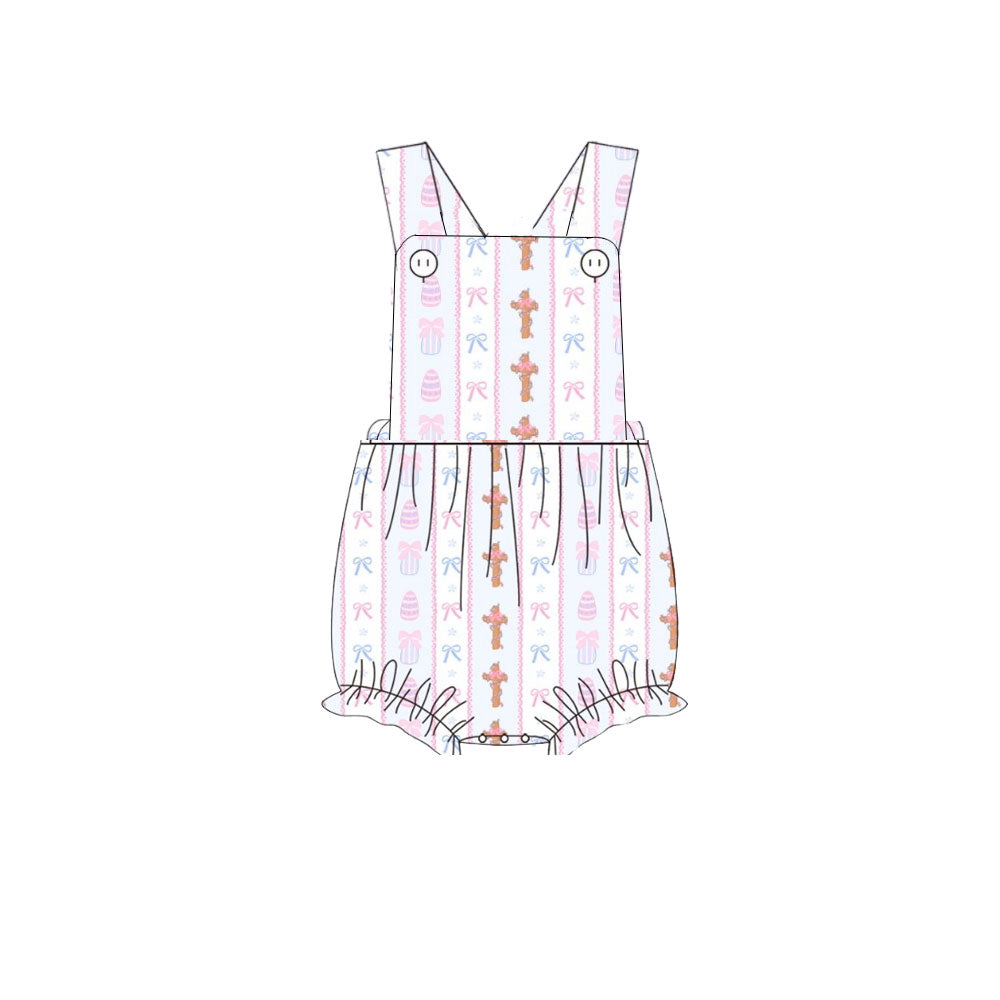 MOQ 8 Preorder SR3283 Easter Cross Bows Pink Stripe Sleeveless Girls Bubble Romper 202510