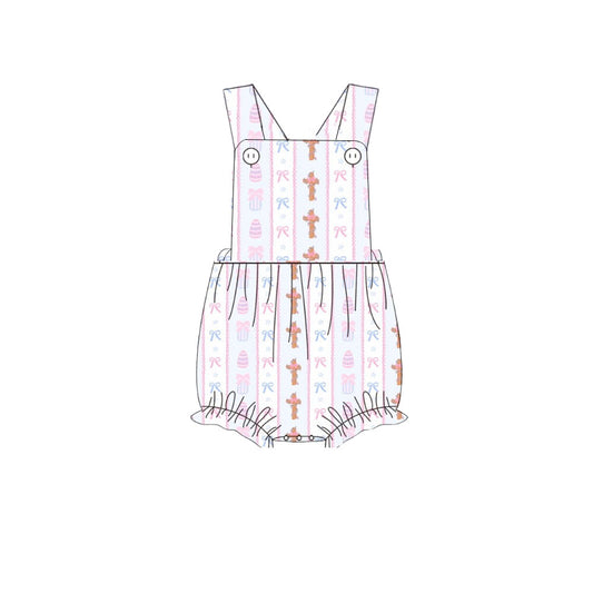 MOQ 8 Preorder SR3283 Easter Cross Bows Pink Stripe Sleeveless Girls Bubble Romper 202510