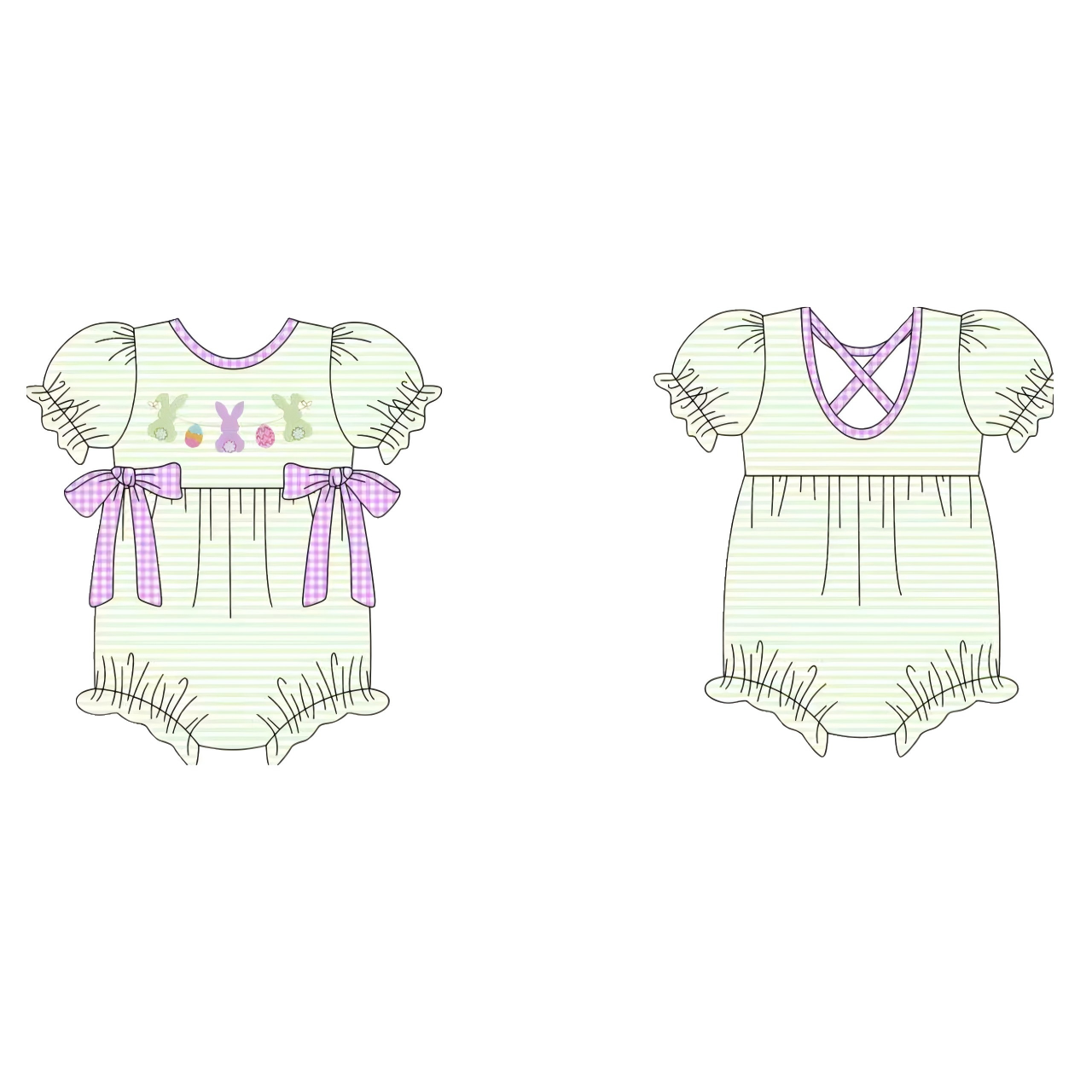 MOQ 8 Preorder SR3287 Easter Bunny Green Stripe Purple Plaid Bows Short Sleeve Girls Bubble Romper 202510