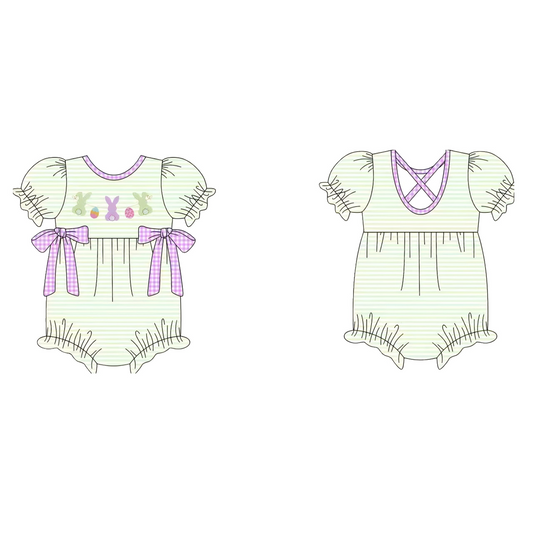 MOQ 8 Preorder SR3287 Easter Bunny Green Stripe Purple Plaid Bows Short Sleeve Girls Bubble Romper 202510