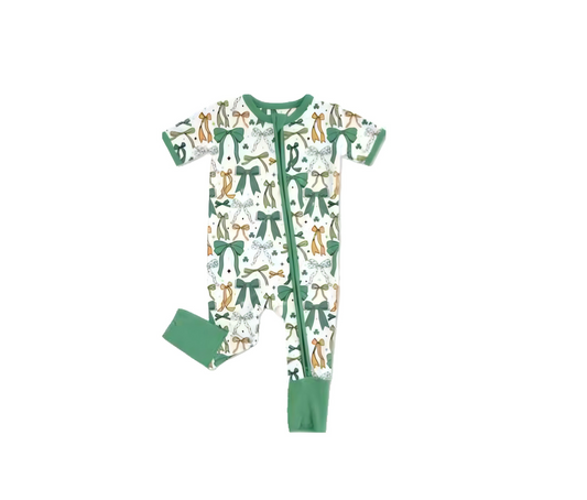 MOQ 8 Preorder SR3289 Bows Green Zipper Short Sleeve Girls Romper 202510