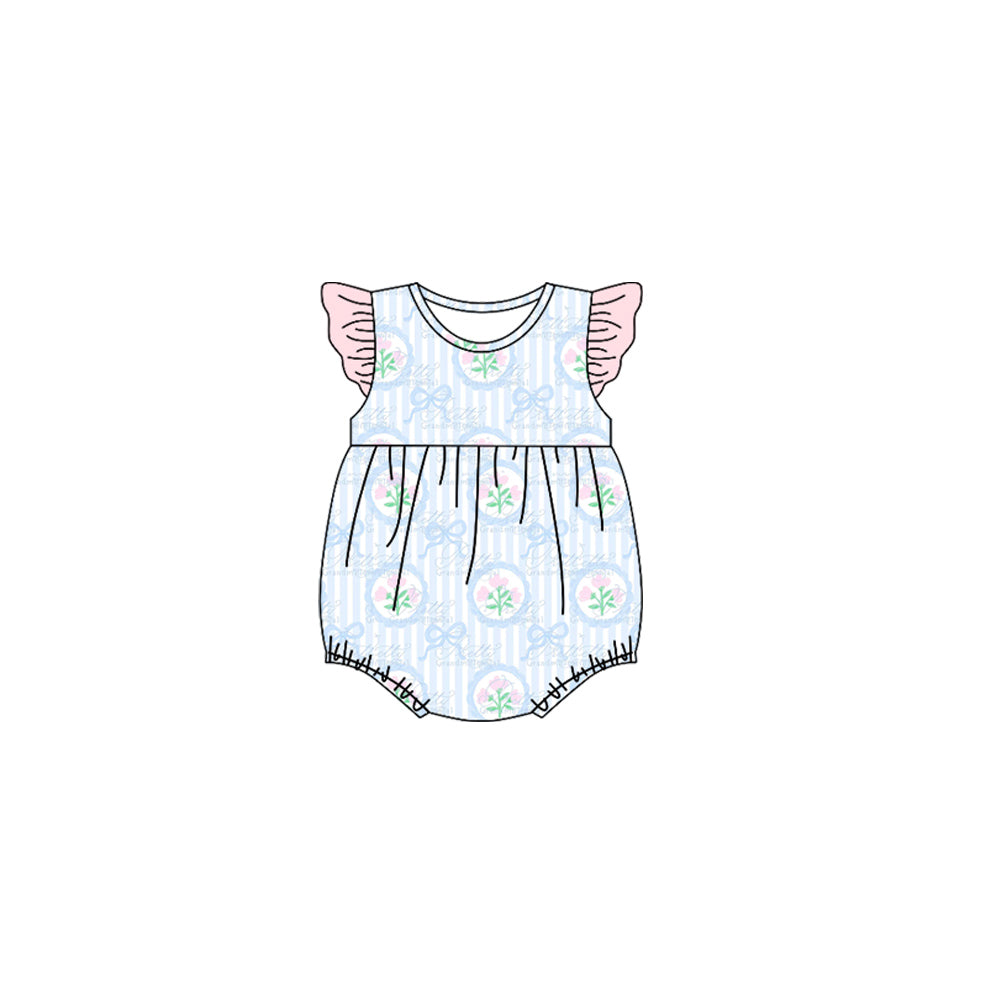 MOQ 8 Preorder SR3294 Bows Flower Blue Stripe Pink Flying-Sleeved Girls Bubble Romper 202510
