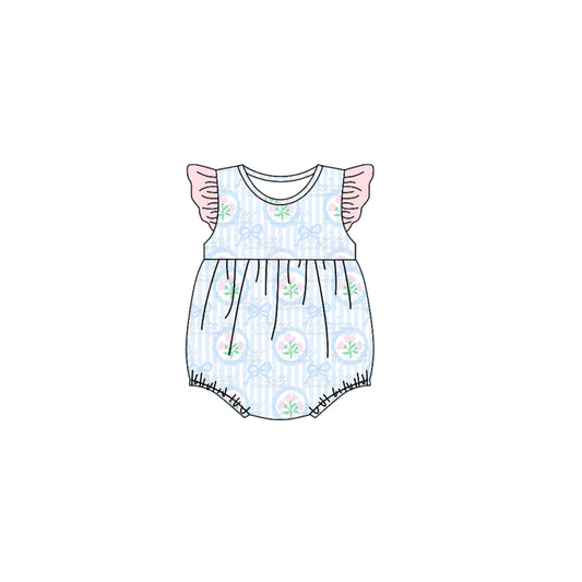 MOQ 8 Preorder SR3294 Bows Flower Blue Stripe Pink Flying-Sleeved Girls Bubble Romper 202510