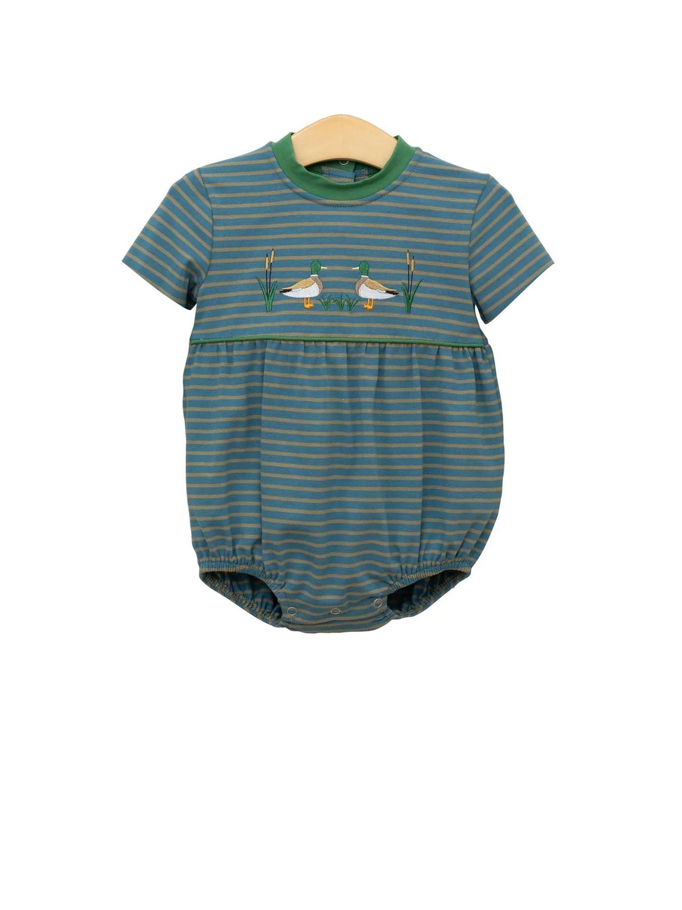 MOQ 8 Preorder SR3296 Ducks Dark Green Stripe Short Sleeve Boys Bubble Romper 202510