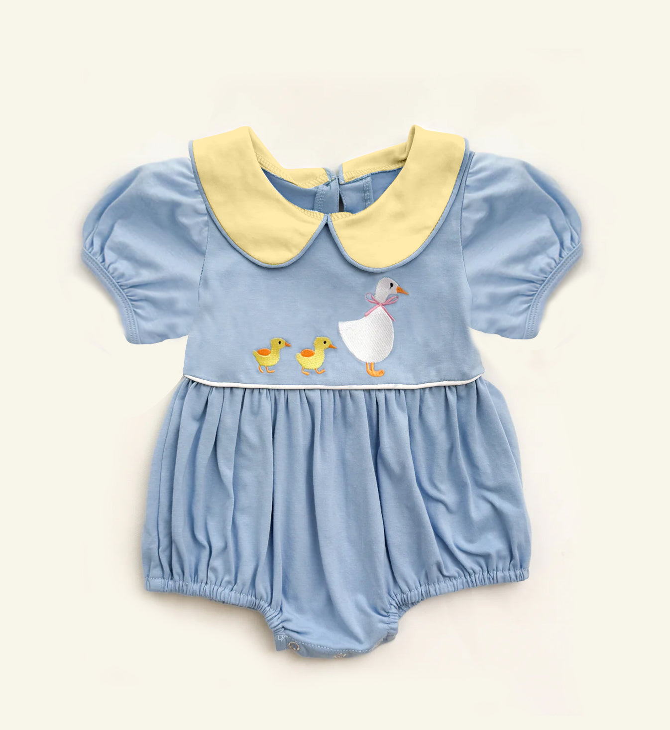 MOQ 8 Preorder SR3298 Duck and Goose Yellow Doll Collar Blue Short Sleeve Girls Bubble Romper 202510 Sibling