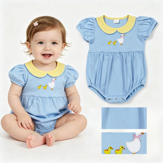SR3298 Embroidered Duck and Goose Yellow Doll Collar Blue Short Sleeve Girls Bubble Romper 202604 RTS Sibling