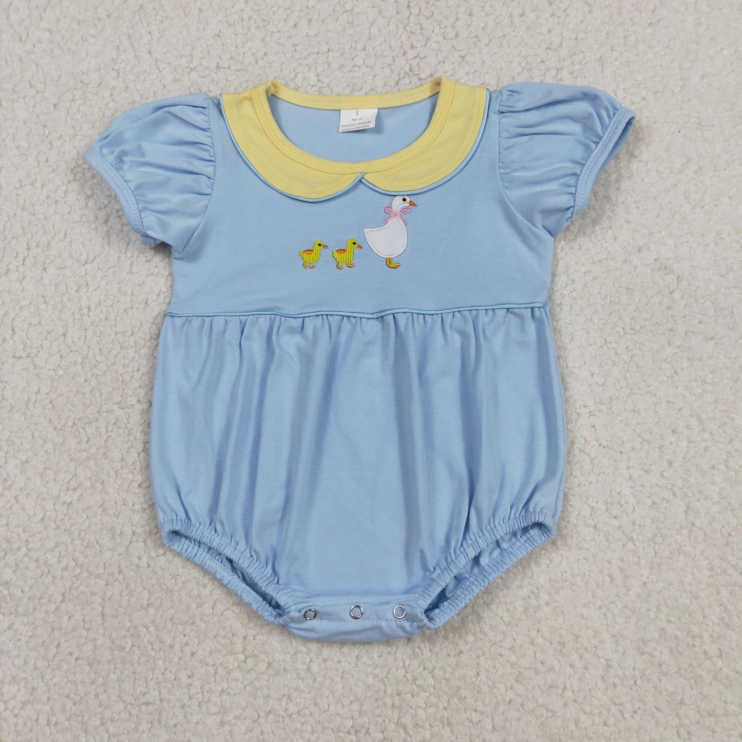 SR3298 Embroidered Duck and Goose Yellow Doll Collar Blue Short Sleeve Girls Bubble Romper 202604 RTS Sibling