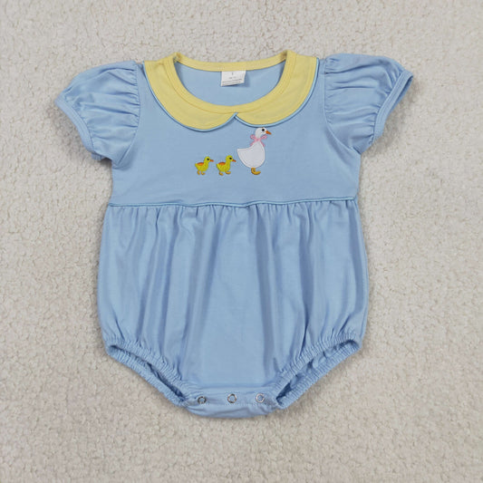 SR3298 Embroidered Duck and Goose Yellow Doll Collar Blue Short Sleeve Girls Bubble Romper 202604 RTS Sibling