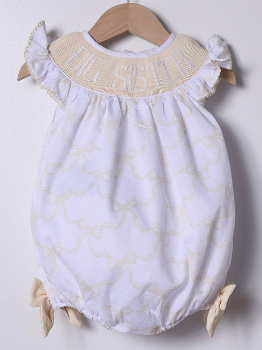 MOQ 5 Preorder SR3302 Big Sister Yellow Bow Pattern White Flying-Sleeved Girls Bubble Romper 202510