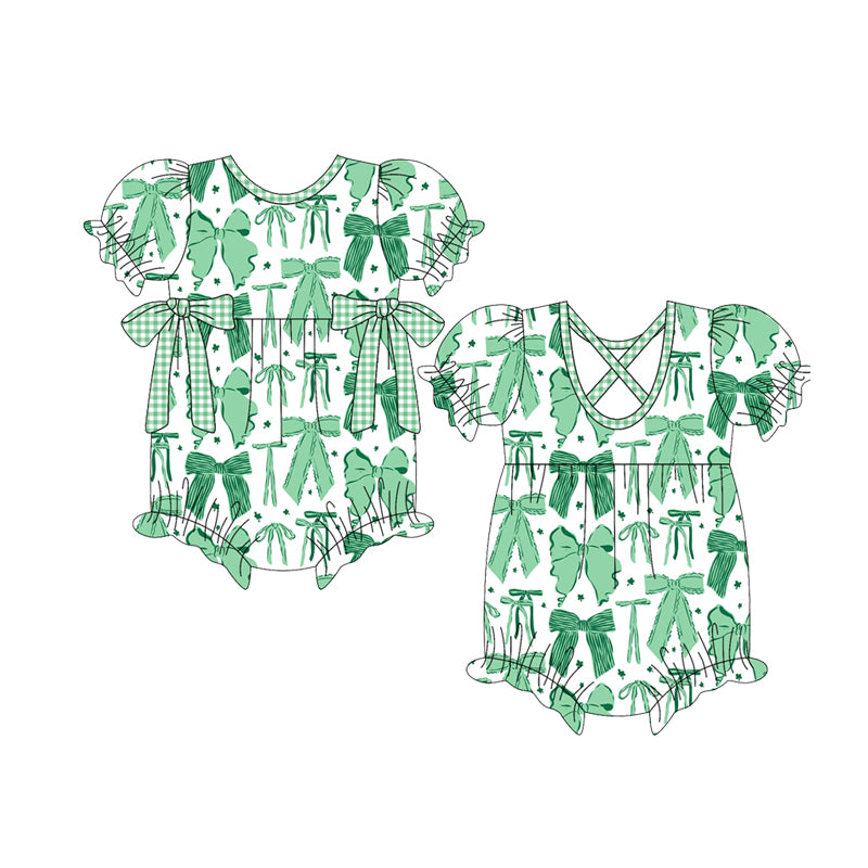 MOQ 5 Preorder SR3305 Green Four-Leaf Clover Bow Pattern Girls Bubble Romper 202510