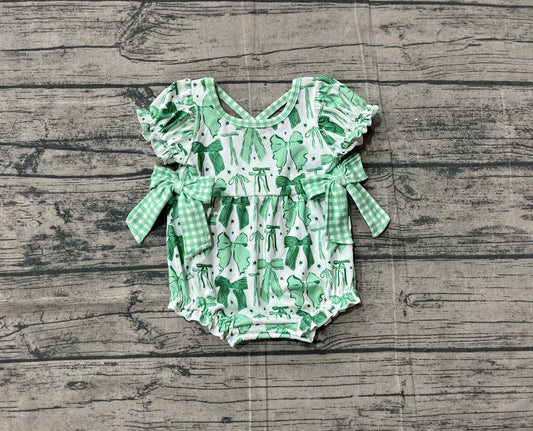 NO MOQ Preorder SR3305 St. Patrick's Day Green Four-Leaf Clover Bow Pattern Girls Bubble Romper 202511