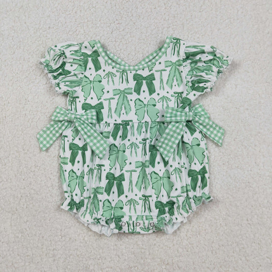 SR3305 St. Patrick's Day Green Four-Leaf Clover Bow Pattern Girls Bubble Romper 202512 RTS
