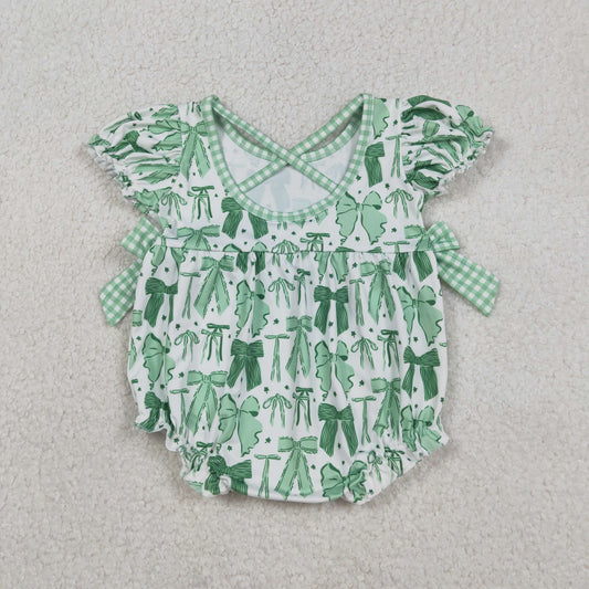 SR3305 St. Patrick's Day Green Four-Leaf Clover Bow Pattern Girls Bubble Romper 202512 RTS