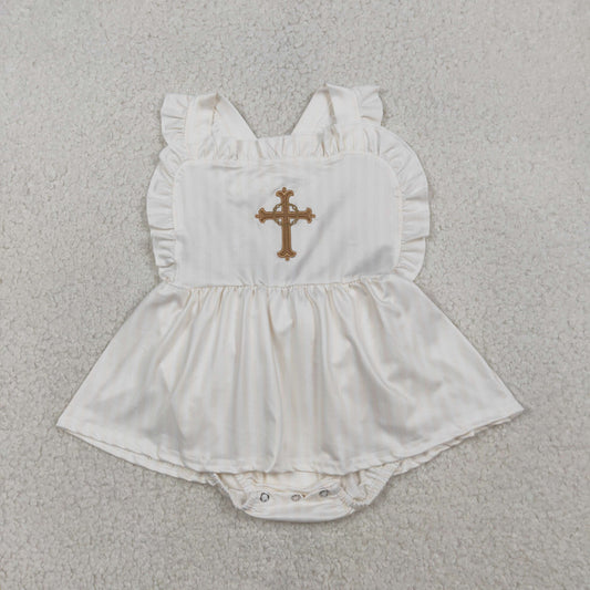SR3306 Embroidered Easter Cross Ruffle Sleeveless Girls Bubble Romper 20260119 RTS Sibling
