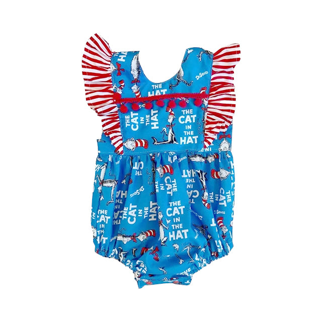 MOQ 5 Preorder SR3310 Dr. Seuss Alphabet Red and White Striped Flying Sleeve Girls Bubble Romper 202510