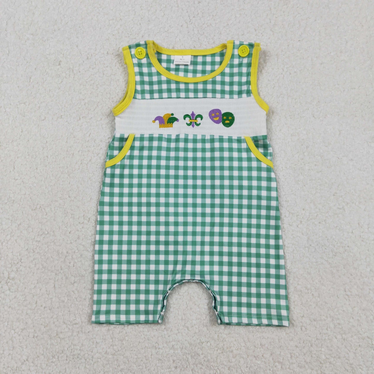 SR3312 Smocked Mardi Gras Green Plaid Yellow Neck Sleeveless Boys Romper 202601 RTS