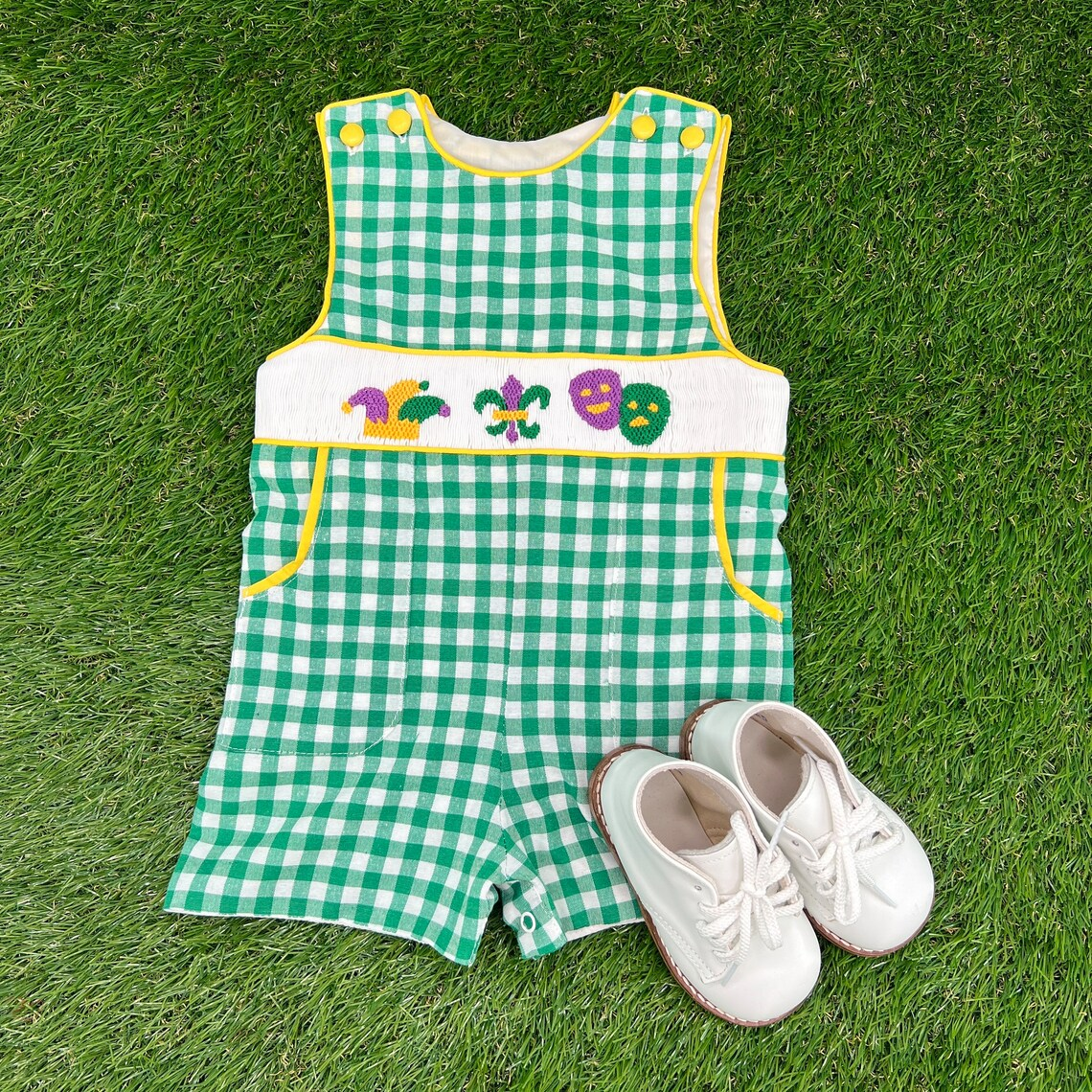 MOQ 5 Preorder SR3312 Mardi Gras Green Plaid Yellow Neck Sleeveless Boys Romper 202510