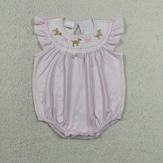 SR3316 Smocked Cute Puppy Bows Pink Flying Sleeve Girls Bubble Romper 202606 RTS