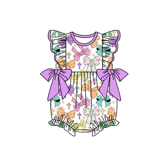MOQ 5 Preorder SR3318 Easter Cross Bows Pattern Purple Flying Sleeve Girls Bubble Romper 202510