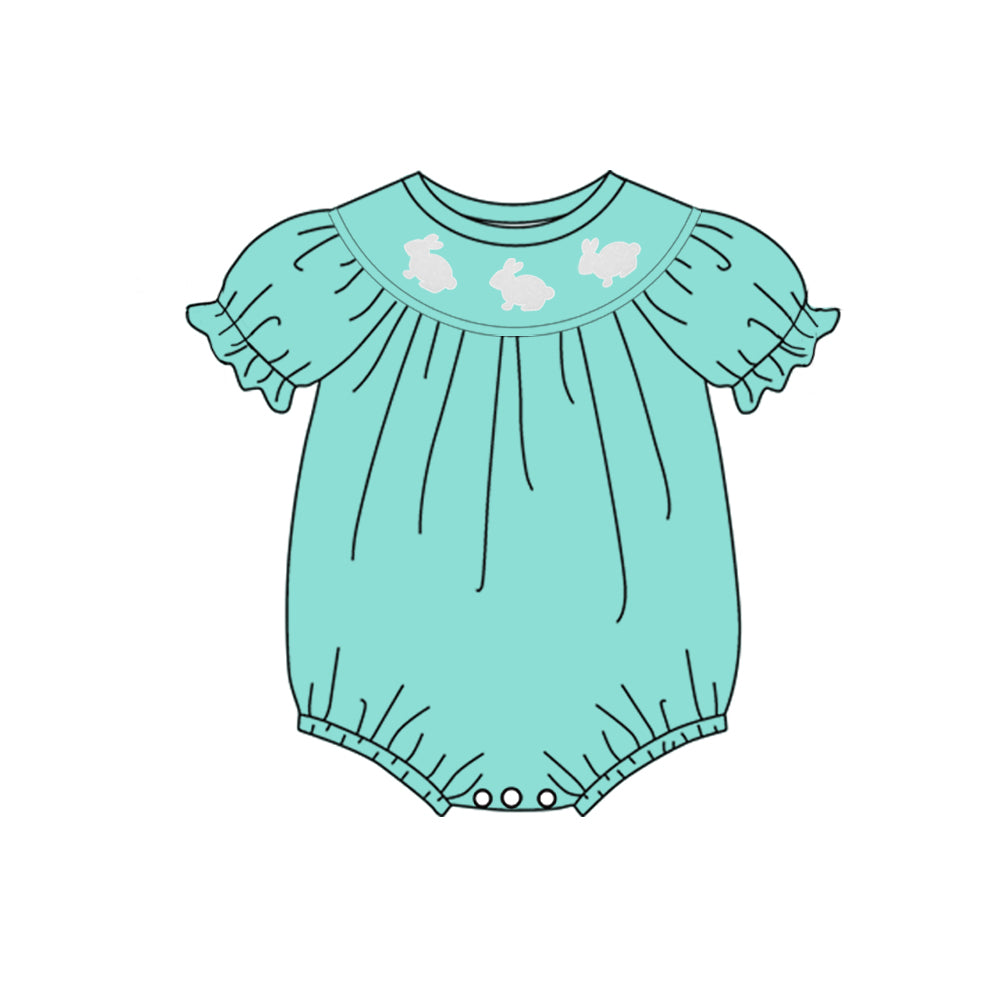 MOQ 5 Preorder SR3321 Easter Bunny Mint Green Short Sleeve Girls Bubble Romper 202510