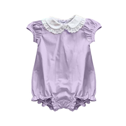 MOQ 5 Preorder SR3326 White Lace Ruffle Doll Collar Light Purple Short Sleeve Girls Bubble Romper 202510