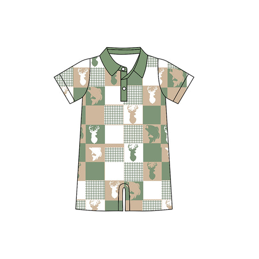 MOQ 5 Preorder SR3327 Deer Hunting Plaid Green Polo Short Sleeve Boys Romper 202510