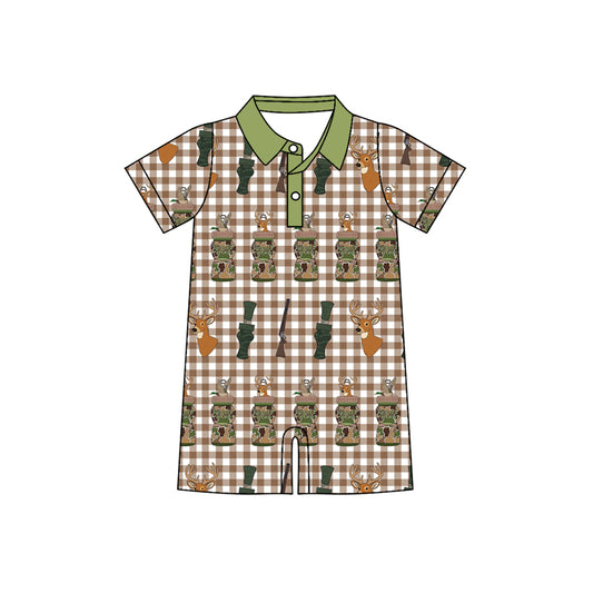 MOQ 5 Preorder SR3328 Deer Hunting Brown Plaid Green Polo Short Sleeve Boys Romper 202510