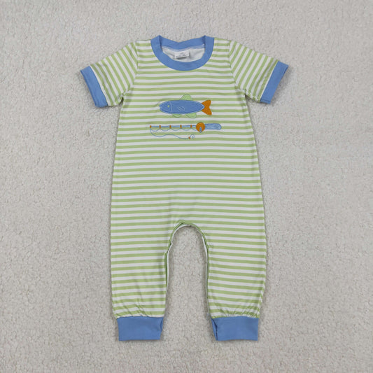 SR3329 Embroidered Fishing Pattern Green Stripe Blue Neck Short Sleeve Boys Romper 202512 RTS