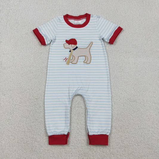 SR3330 Embroider Baseball Puppy Pattern Blue Stripe Red Neck Short Sleeve Boys Romper 202512 RTS