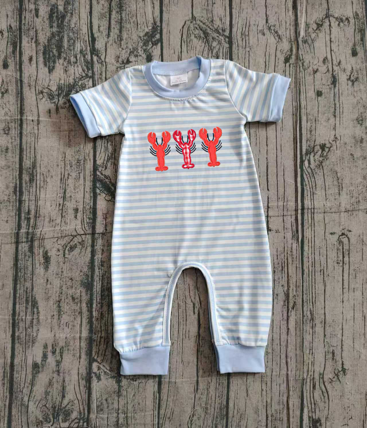 NO MOQ Preorder SR3333 Crayfish Pattern Blue Stripe Short Sleeve Boys Romper 202510