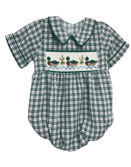 MOQ 5 Preorder SR3334 Ducks Doll Collar Dark Green Plaid Short Sleeve Girls Bubble Romper 202510
