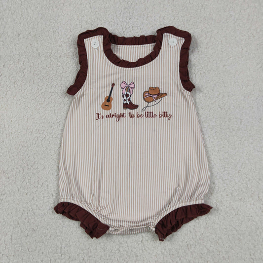 SR3336 it's alright to be little bitty Guitar Boots Hats Stripe Brown Ruffle Sleeveless Girls Bubble Romper 202605 RTS Sibling