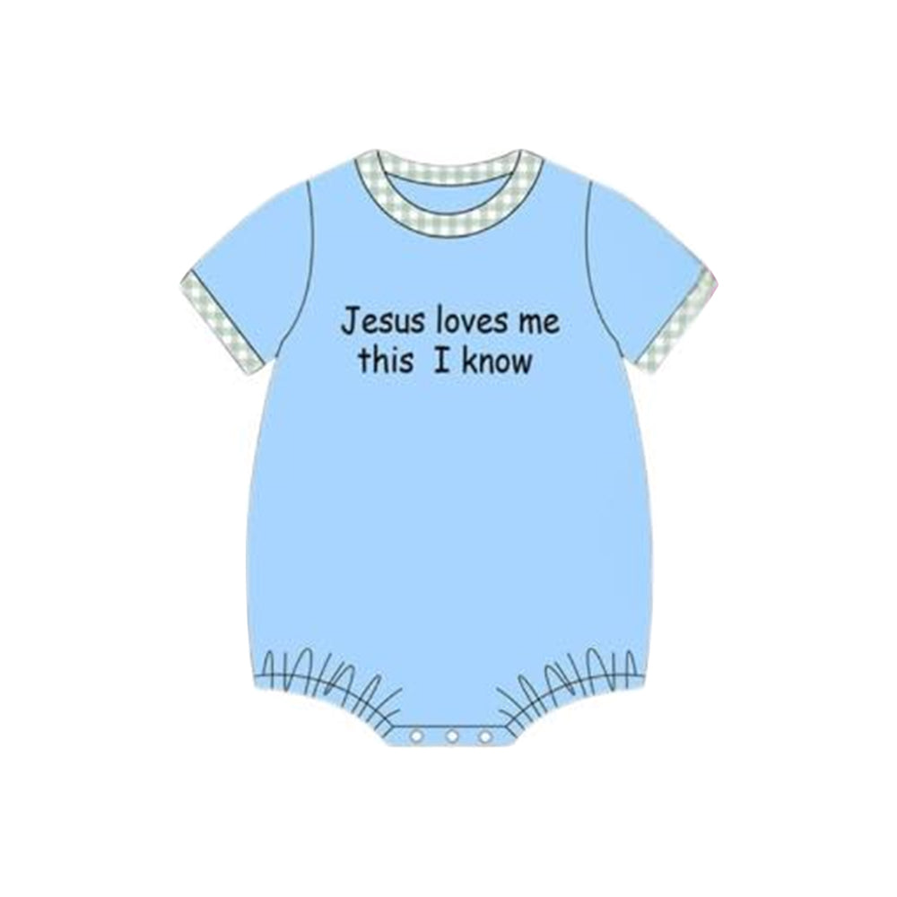 MOQ 5 Preorder SR3342 Easter jesus loves me this i know Green Plaid Blue Short Sleeve Boys Bubble Romper 202510 Sibling