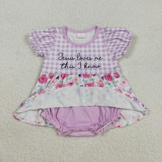 SR3343 Embroidered Easter jesus loves me this i know Flower Purple Plaid Puff Short Sleeve Girls Bubble Romper 202511 RTS Sibling