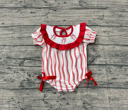 NO MOQ Preorder SR3345 Smocked Baseball Red Bows Ruffle Short Sleeve Girls Bubble Romper 202510