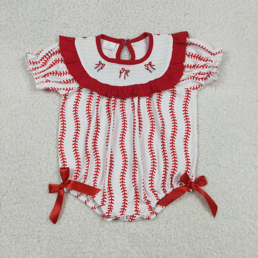 SR3345 Smocked Baseball Red Bows Ruffle Short Sleeve Girls Bubble Romper 202512 RTS