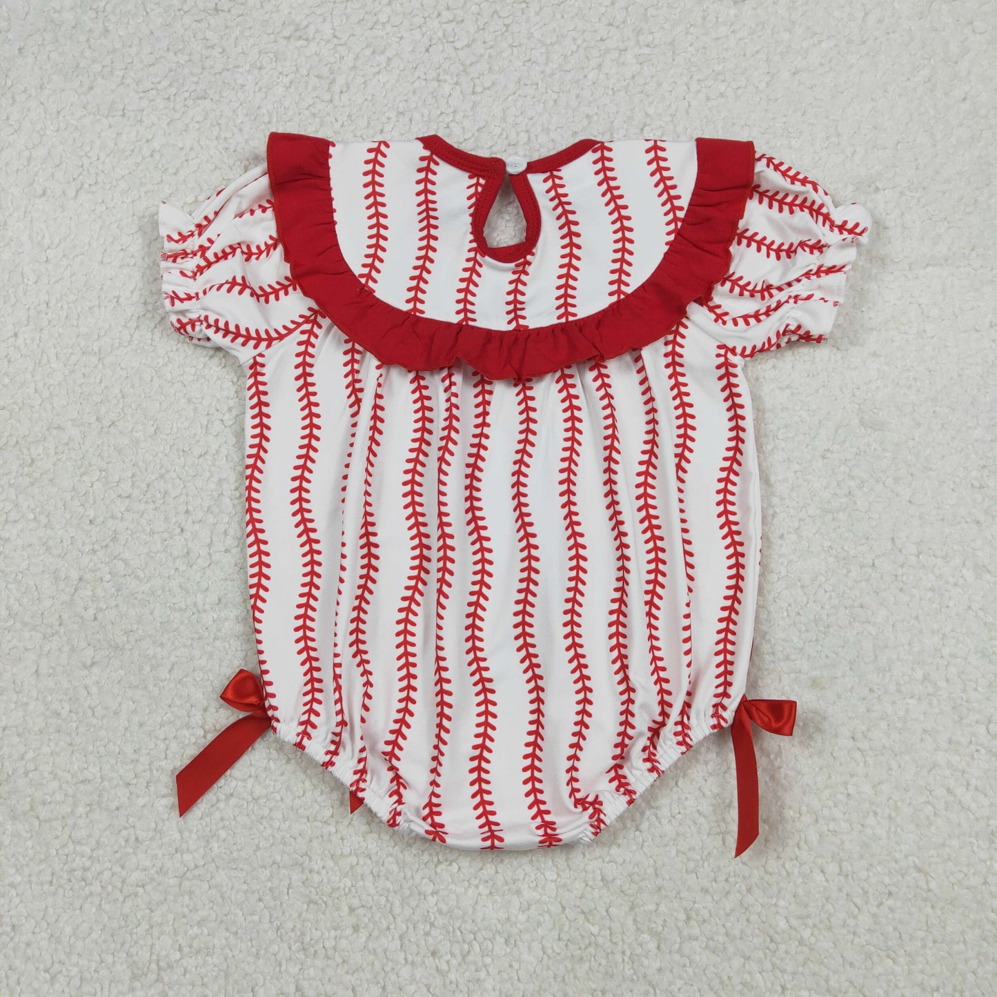 SR3345 Smocked Baseball Red Bows Ruffle Short Sleeve Girls Bubble Romper 202512 RTS