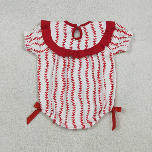 SR3345 Smocked Baseball Red Bows Ruffle Short Sleeve Girls Bubble Romper 202512 RTS