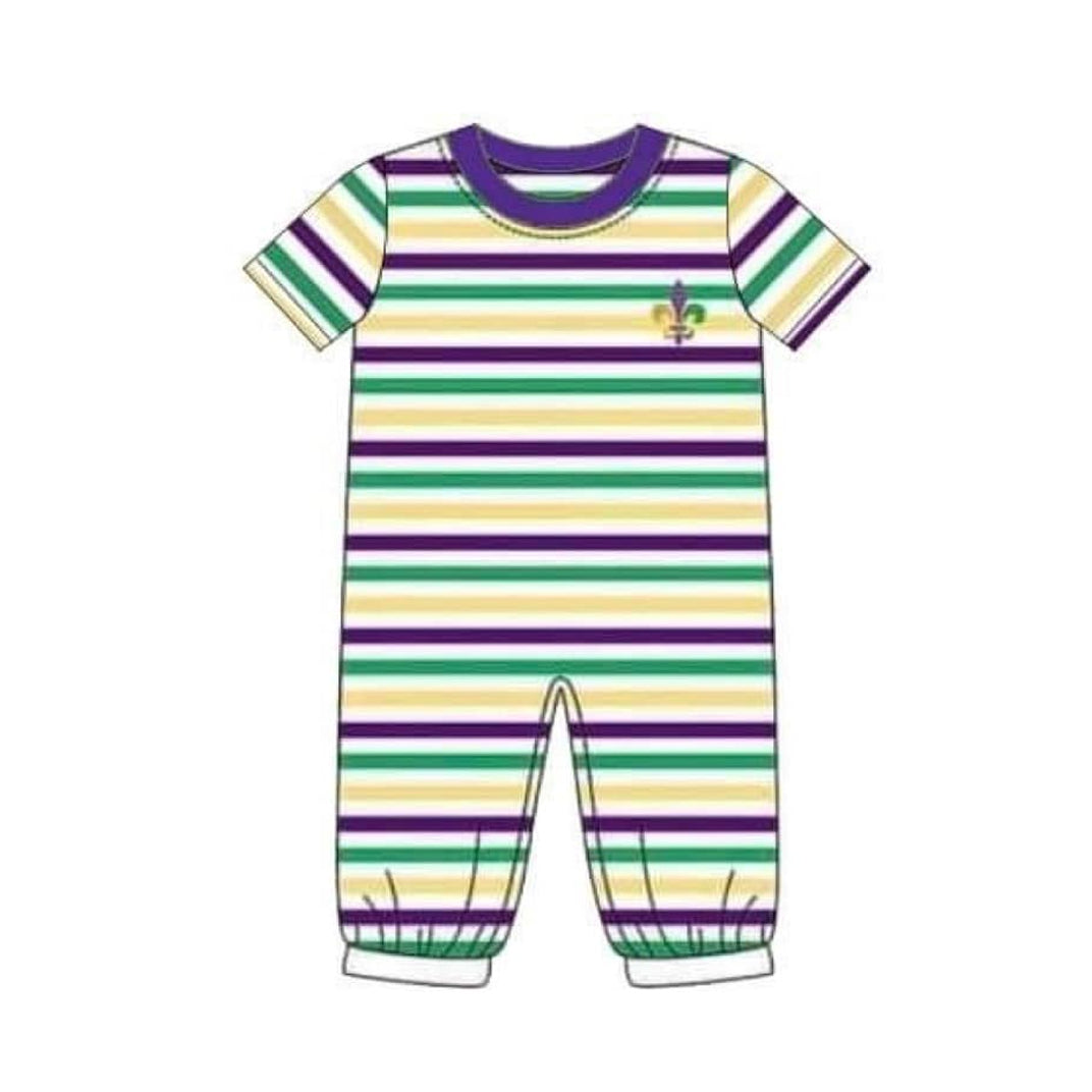 MOQ 5 Preorder SR3353 Mardi Gras Stripe Short Sleeve Boys Romper 202510 Sibling
