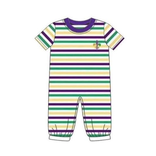 MOQ 5 Preorder SR3353 Mardi Gras Stripe Short Sleeve Boys Romper 202510 Sibling