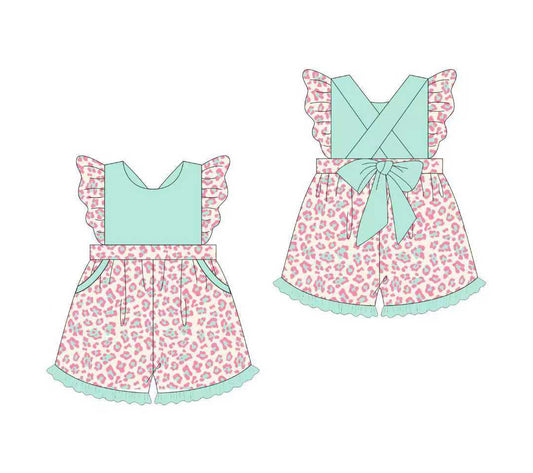 MOQ 5 Preorder SR3356 Light Green Bow Ruffle Pink Leopard Flying Sleeve Girls  Overalls Jumpsuits 202510