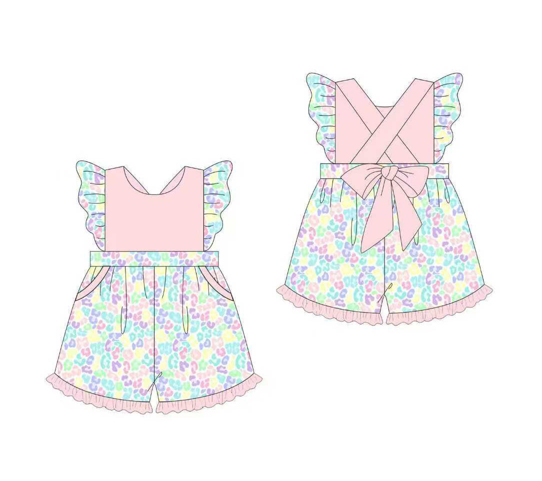 MOQ 5 Preorder SR3357 Pink Bow Ruffle Colored Leopard Flying Sleeve Girls  Overalls Jumpsuits 202510