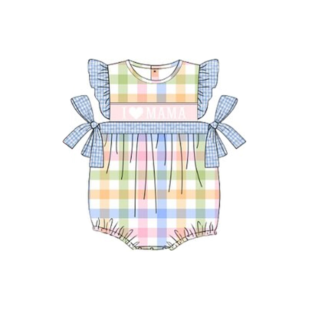 MOQ 5 Preorder SR3359 I Love MAMA Blue Plaid Bows Colored Plaid Flying Sleeve Girls Bubble Romper 202510