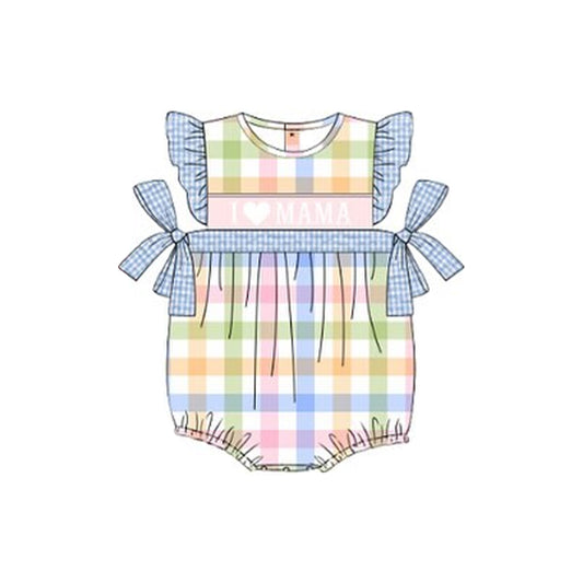 MOQ 5 Preorder SR3359 I Love MAMA Blue Plaid Bows Colored Plaid Flying Sleeve Girls Bubble Romper 202510