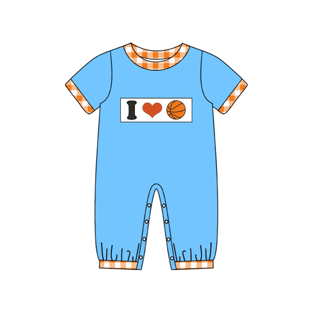 MOQ 5 Preorder SR3366 I Love Basketball Orange Plaid Blue Short Sleeve Boys Romper 202510