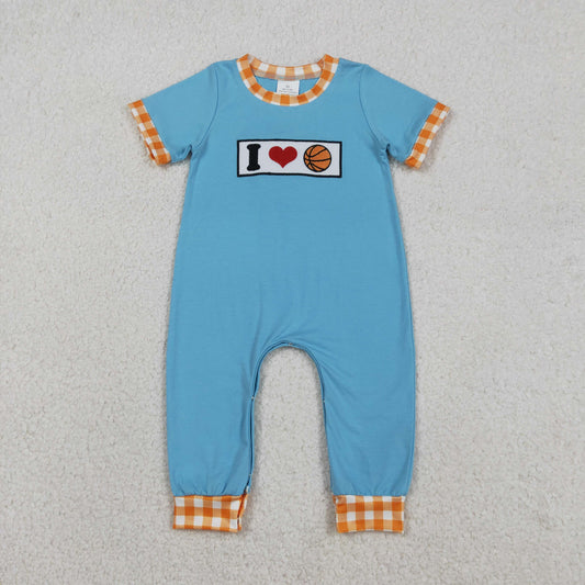 SR3366 Embroidered I Love Basketball Orange Plaid Blue Short Sleeve Boys Romper 202512 RTS