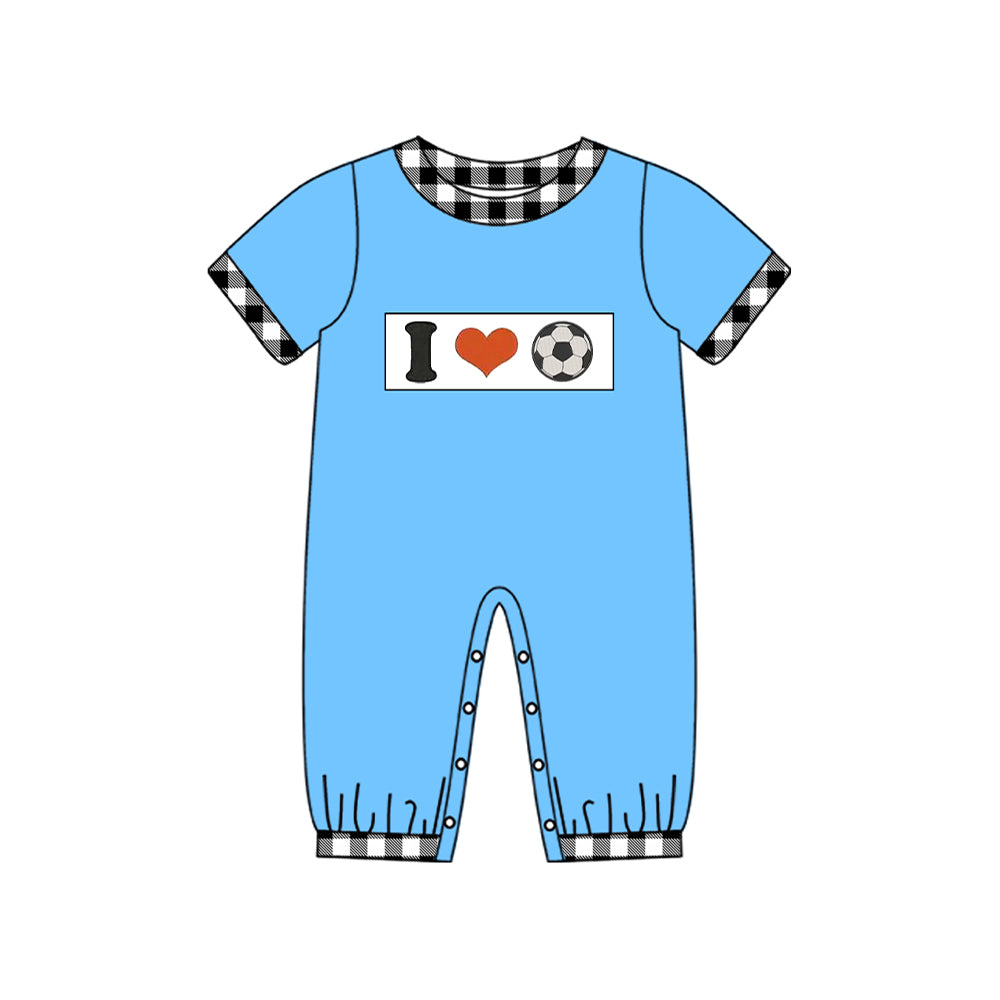 MOQ 5 Preorder SR3369 I Love Football Black Plaid Blue Short Sleeve Boys Romper 202510