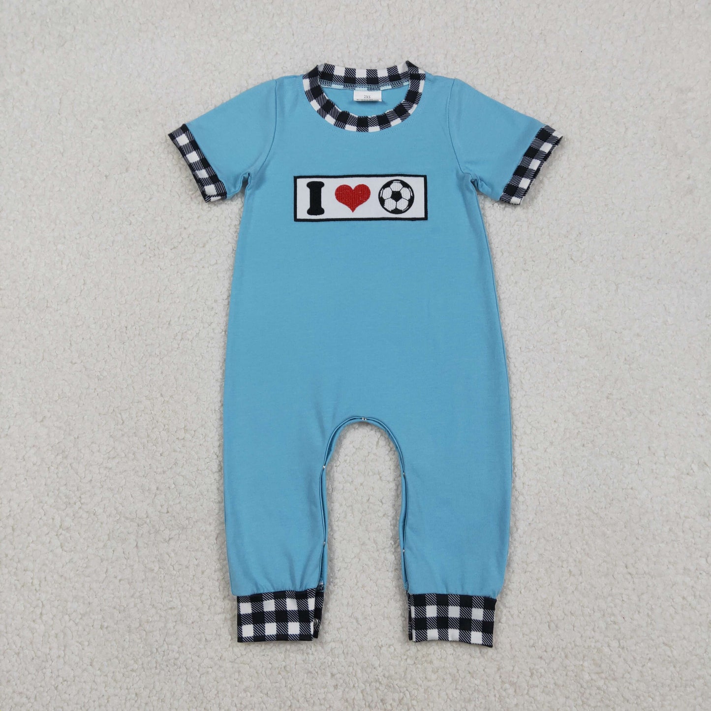 SR3369 Embroidered I Love Football Black Plaid Blue Short Sleeve Boys Romper 202512 RTS